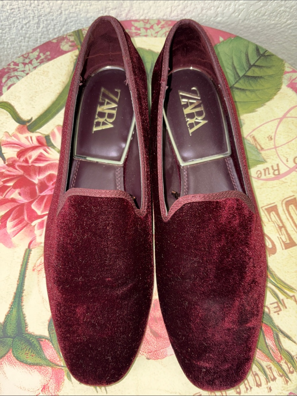 ZARA Wine Velvet Slip-On Loafers